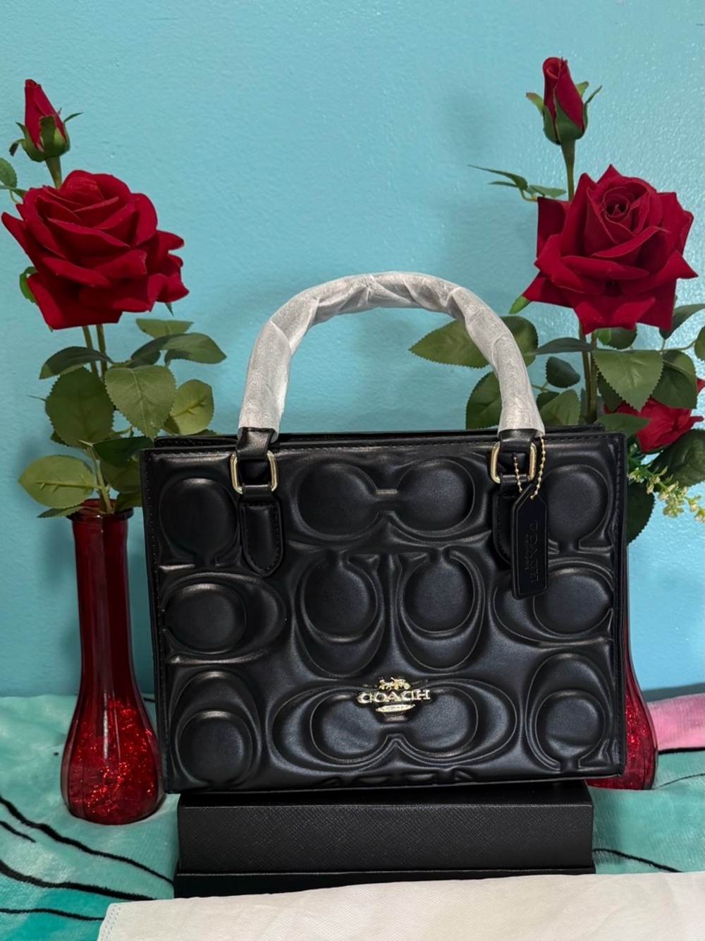 Coach Black Signature Quilted Leather Satchel with Gold Hardware
